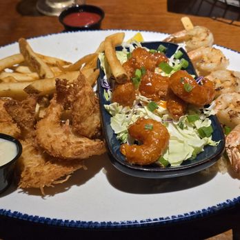 Red Lobster - Spicy shrimp, coconut shrimp, and grilled shrimp skewer (with fries and the coconut sauce for the coconut shrimp) - Seafood Near Me - Lafayette, Indiana