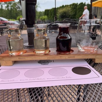 Cellar 4201 - a tasting tray with glasses and a bottle of wine - Wineries Near Me - East Bend, North Carolina Cellar 4201 - a tasting tray with glasses and a bottle of wine - Wineries Near Me - East Bend, North Carolina