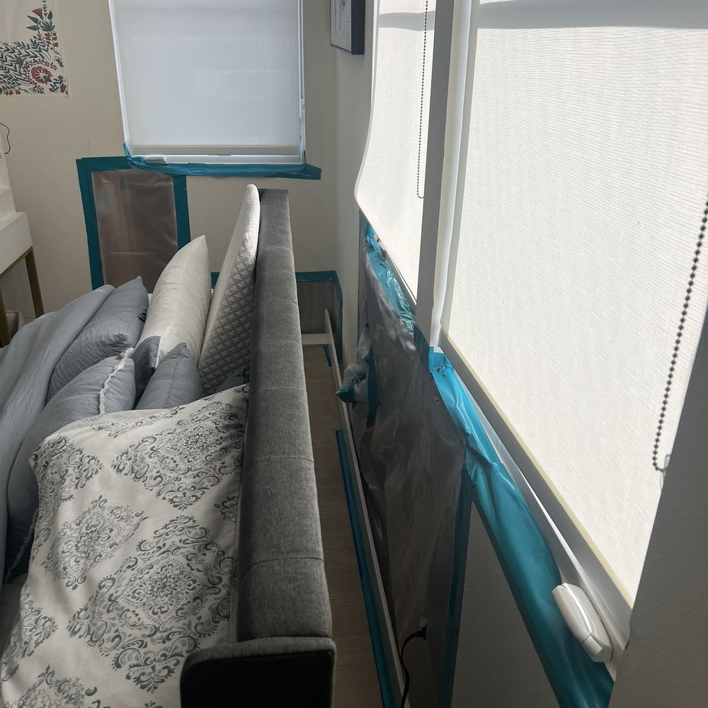 Water damage to the walls and leaking from the windows.