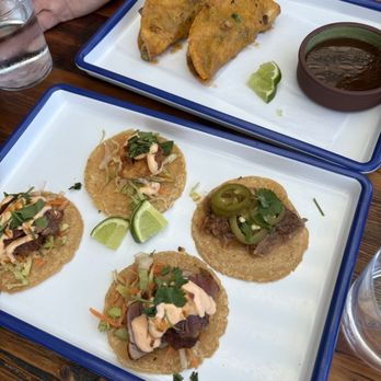 Beso Taco Bar - Braised short rib tacos at top, tuna, crispy fish and duck tacos below - Mexican Near Me - Newburgh, New York