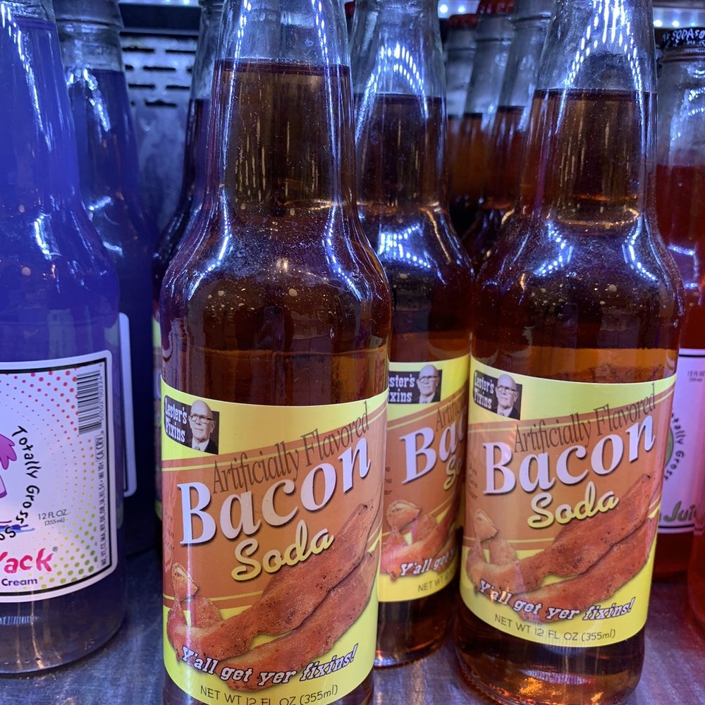 a row of bottles of bacon soda a row of bottles of bacon soda