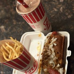 Freddy's Frozen Custard & Steakburgers - Chili Cheese Dog combo without cheese and chocolate milkshake.