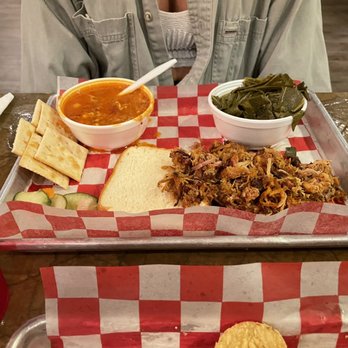 Woodstack BBQ Tavern - Pulled pork with 2 sides Collared greens and Brunswick Stew - Barbeque Near Me - Valdosta, Georgia Woodstack BBQ Tavern - Pulled pork with 2 sides Collared greens and Brunswick Stew - Barbeque Near Me - Valdosta, Georgia
