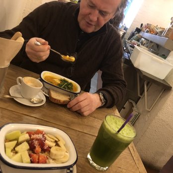 Plenti - Pumpkin soup (husband), yoghurt with granola (me). - Coffee & Tea Near Me - Madrid, M Plenti - Pumpkin soup (husband), yoghurt with granola (me). - Coffee & Tea Near Me - Madrid, M