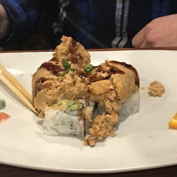 Chopstix - Volcano roll: "Cali roll topped with 'baked seafood.'" Looked DISGUSTING, terrible texture, tasted okay-ish. - Asian Fusion Near Me - Winston-Salem, North Carolina