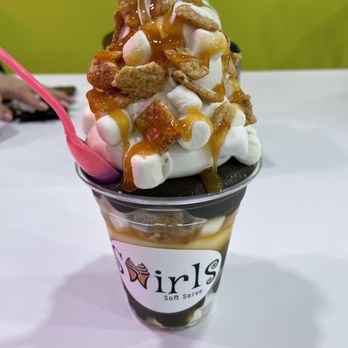 Swirls Soft Serve - Vanilla + pumpkin pie swirl with marshmallows, Cinnamon Toast Crunch and Carmel - Ice Cream & Frozen Yogurt Near Me - Upland, California Swirls Soft Serve - Vanilla + pumpkin pie swirl with marshmallows, Cinnamon Toast Crunch and Carmel - Ice Cream & Frozen Yogurt Near Me - Upland, California