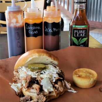 Rollin’ Smoke Handcrafted Bbq - Pulled pork sandwich w/ coleslaw, pickle & cornbread. - Barbeque Near Me - Halfmoon, New York