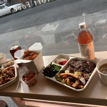 Handsome Rice - from the left to right Jeyuk(spicy pork dish), Galbi(soy marinated beef rib), spicy boneless chicken, Korean miso soup - Korean Near Me - New York, New York
