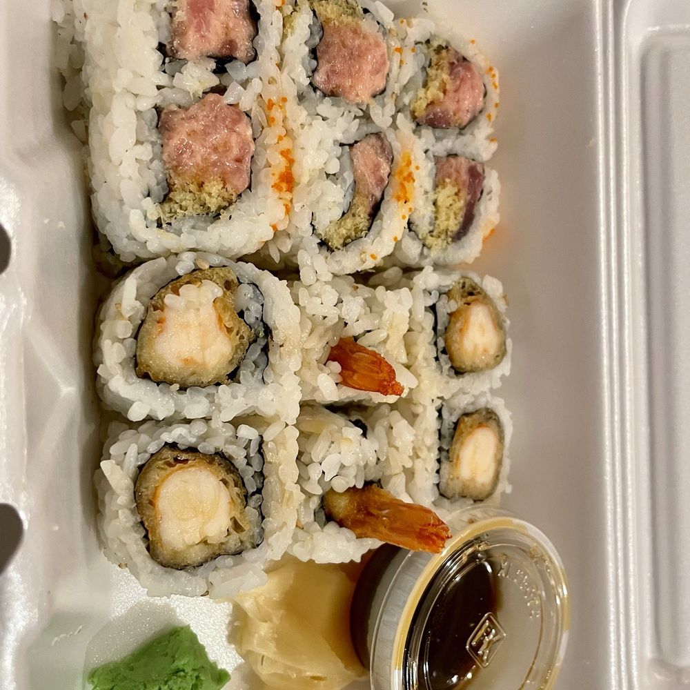 Okinawa Sushi & Grill - Rolls to go - Spicy Tuna Roll $7 (top 2 rows) and Shrimp Tempura Roll $7 - Japanese Near Me - Corolla, North Carolina