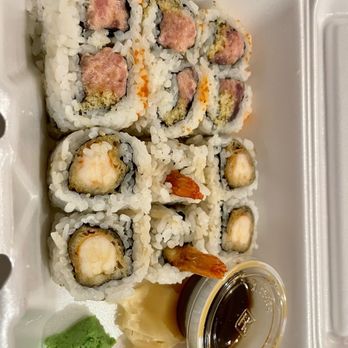 Okinawa Sushi & Grill - Rolls to go - Spicy Tuna Roll $7 (top 2 rows) and Shrimp Tempura Roll $7 - Japanese Near Me - Corolla, North Carolina Okinawa Sushi & Grill - Rolls to go - Spicy Tuna Roll $7 (top 2 rows) and Shrimp Tempura Roll $7 - Japanese Near Me - Corolla, North Carolina