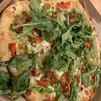 Blaze Pizza - Arugula pizza with goat and feta cheese, tomatoes and bell peppers with mushrooms and basil pesto as the base - Salad Near Me - Houston, Texas