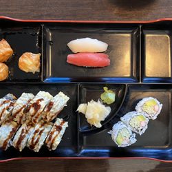 Sushi A&C - Lunch bento box: Shumai, white tuna & salmon, California roll, Godzilla roll