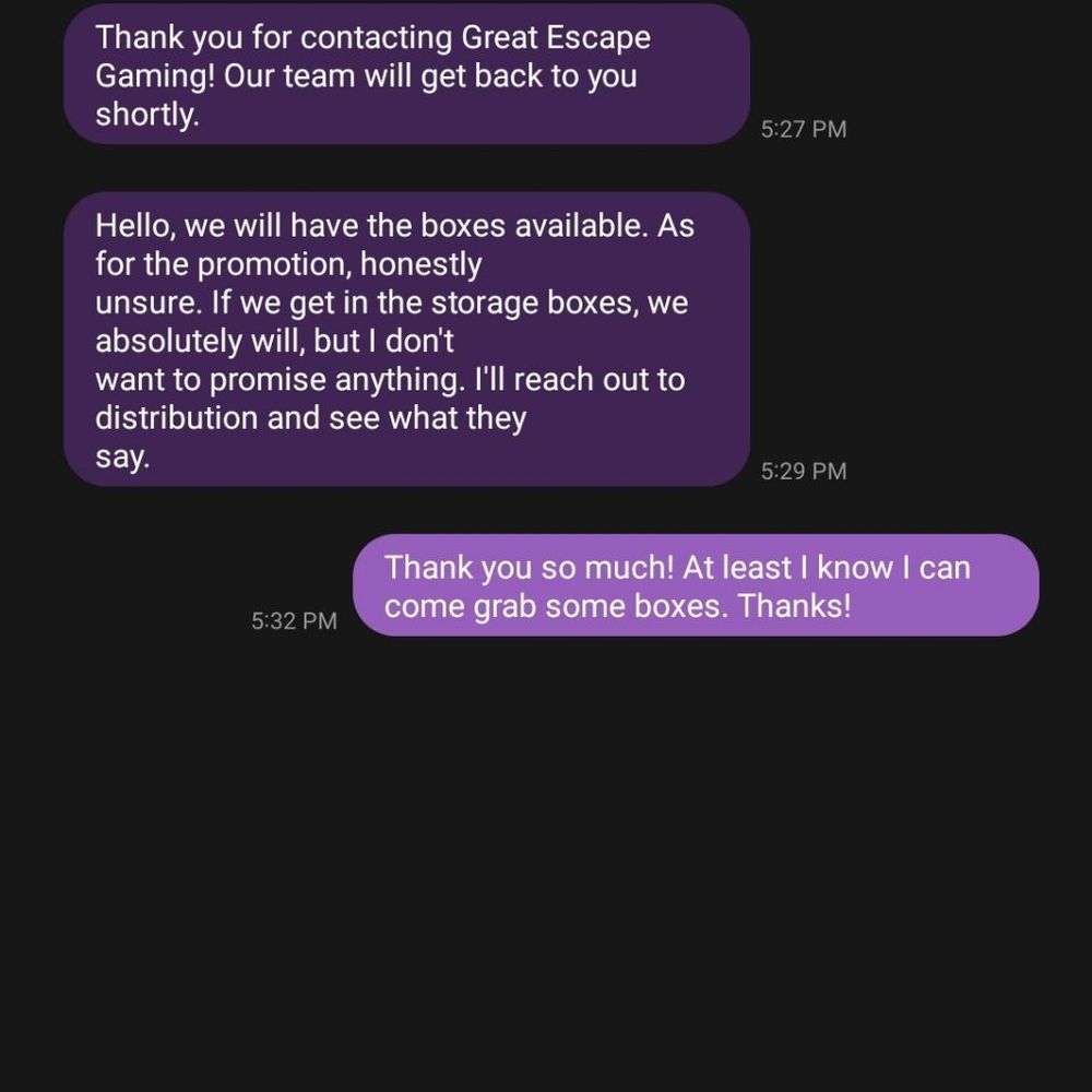 Great Escape Gaming - I asked through their website text tool, so only their reply shows. They said the NIKKE boxes would be available for Nov 21-27. - Hobby Shops Near Me - Flint, Michigan Great Escape Gaming - I asked through their website text tool, so only their reply shows. They said the NIKKE boxes would be available for Nov 21-27. - Hobby Shops Near Me - Flint, Michigan