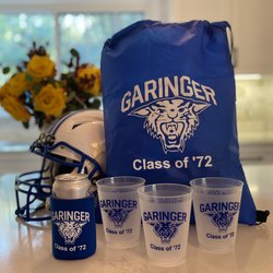 Level Up Logo - Drawstring bags, stadium cups, and koozies all printed for high school reunion.
