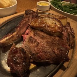 Cote de boeuf with foie gras (came with mash/chips/broccolini/green beans/mushrooms/sautéed onions, all 4 sauces).