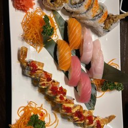 Fujiyama Japanese Steakhouse - Spider Roll, Hamachi, Maguro and Sake Sushi, and a Long Island Roll.
