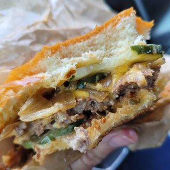 Good Buns - Inside the single smash; you can see the mustard seeds from the sauce! - Burgers Near Me - Buena Park, California Good Buns - Inside the single smash; you can see the mustard seeds from the sauce! - Burgers Near Me - Buena Park, California