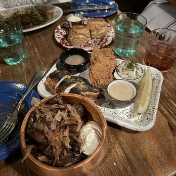 Brochu's Family Tradition - Crispy Potatoes, half chicken dinner, biscuits, and dirty rice - Seafood Near Me - Savannah, Georgia
