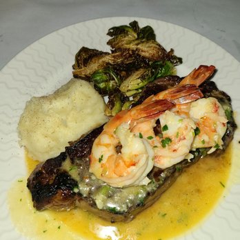 Nova Kitchen - 16 oz ribeye with shrimp scampi, mashed potatoes, and crispy brussel sprouts. Absolutely delicious - American Near Me - Blauvelt, New York