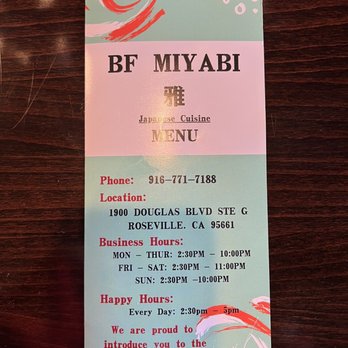 BF Miyabi - Hours of operation - Sushi Bars Near Me - Roseville, California BF Miyabi - Hours of operation - Sushi Bars Near Me - Roseville, California