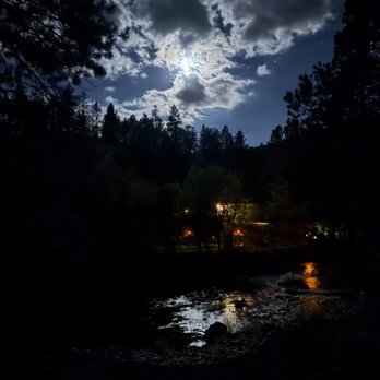 Pecos Riversong Cabin - Night view from the covered deck - Vacation Rentals Near Me Pecos Riversong Cabin - Night view from the covered deck - Vacation Rentals Near Me