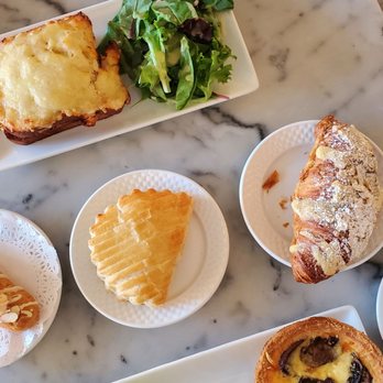 Le Cafe Du Val - Cappuccinos, almond croissant, Mushroom quiche, apple turnover, eclair, and a croque monsieur.. all delicious! - Cafes Near Me - Henderson, Nevada