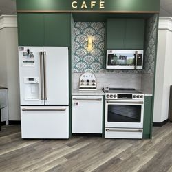 Find the modern Cafe white matte appliances on display. Chose your style with the option of brozne, silver or black handles.