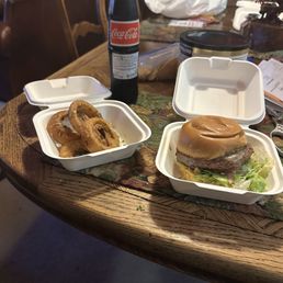 My Finney burger and onion rings phenomenal dinner