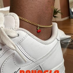 The Boho Glo - Permanent Anklet in 14k Gold Filled Curb Queen chain. Our client added the 14k Cherry Daze charm to her permanent jewelry for Spring!