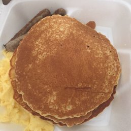 Libby's breakfast special w 3 pancakes, scrambled eggs, turkey sausage