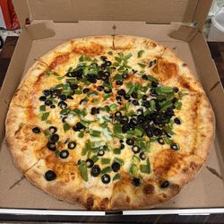 Brick 46 - 16" pizza with green peppers and olives. Delicious.