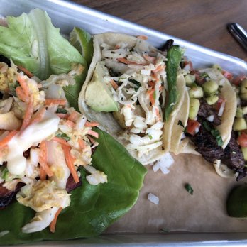 Hudson Taco - HV Pork Belly w/ Bibb Lettuce, Asian Tuna, Citrus Shrimp w/Bibb Lettuce, 2 Ancho Skirt Steak Tacos (Left to Right) - Tacos Near Me - Newburgh, New York