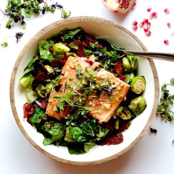 Shifting Nutrition - Delicious Fall salmon salad with roasted Brussels sprouts, turkey bacon and pomegranate seeds over baby kale! - Nutritionists Near Me Shifting Nutrition - Delicious Fall salmon salad with roasted Brussels sprouts, turkey bacon and pomegranate seeds over baby kale! - Nutritionists Near Me