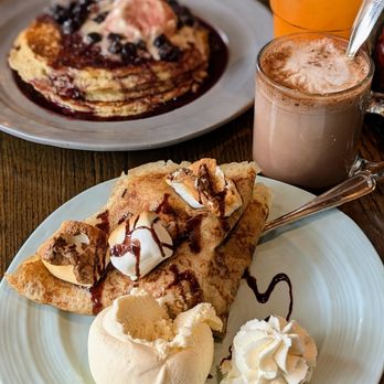 Crepevine Restaurants - S'mores crepe (front) and purple stack (back). - New American Near Me - Mountain View, California