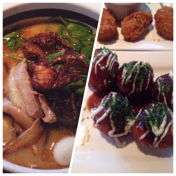 Ramen Parlor - Lobster Garlic Pork Broth Ramen (Left of pic) Takoyaki & Fried Hiroshima Oyster (Right of pic) - Ramen Near Me - San Mateo, California Ramen Parlor - Lobster Garlic Pork Broth Ramen (Left of pic) Takoyaki & Fried Hiroshima Oyster (Right of pic) - Ramen Near Me - San Mateo, California