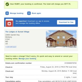 The Lodges at Sunset Village - $977 for a room with 3 queen beds plus sofa bed over a long weekend in late August - Hotels Near Me - McHenry, Maryland