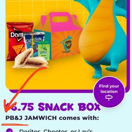 Screenshot of the Kids Empire website that states they serve PB&J sandwiches.