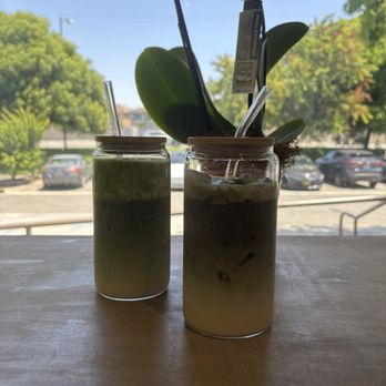 The Orange Tabby - Hoji-matcha (front) and Avocado matcha (back) - Coffee & Tea Near Me - San Jose, California