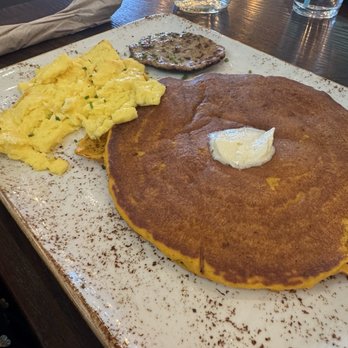 First Watch - Pumpkin Pancake Breakfast with scrambled eggs and chicken sausage (that I gave to my meat eating husband). - Breakfast & Brunch Near Me - Broken Arrow, Oklahoma