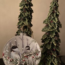 Colonial Flower Shoppe - These trees sparkle with detail in person, and the glass ornaments feature snowy bird scenes