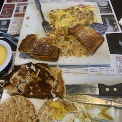 Deconstructed crab Benedict (as requested) crab is a pancake. Meat lovers omelette.