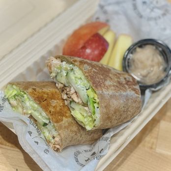 Clean Eatz Cafe - Blackened Salmon Wrap (no tomato) with Apples & PB Dip - Burgers Near Me - Port St. Lucie, Florida Clean Eatz Cafe - Blackened Salmon Wrap (no tomato) with Apples & PB Dip - Burgers Near Me - Port St. Lucie, Florida