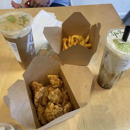 Nuggets, fries, Vietnamese coffee, brown sugar milk tea.