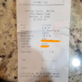 Carnitas Express - Receipt of my purchase of a large side of onion rings. $7.56 - Mexican Near Me - Menifee, California