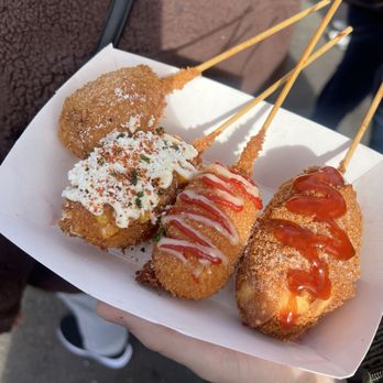 Mukja Food Truck - Cheese dog flight - original, elote, crab rangoon, and Milky Way - Food Trucks Near Me - Denver, Colorado