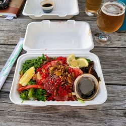 The Moon Sushi Bar & Asian Bistro - Poke Bowl w/ salmon and tuna Harpsichord Irish Style Lager (Lazy Circles)