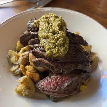 À Côté - Grilled Hanger Steak | 38 Baby Potatoes, Vidalia Onions & Summer Squash Hash with Squash Blossom Pesto - French Near Me - Oakland, California À Côté - Grilled Hanger Steak | 38 Baby Potatoes, Vidalia Onions & Summer Squash Hash with Squash Blossom Pesto - French Near Me - Oakland, California