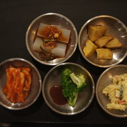 Gogi Jip Korean BBQ Restaurant - Banchan (kimchi, glutinous rolls, glazed potatoes, pasta salad and broccoli)
