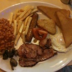 Munchees - Breakfast of champions. Clockwise from left, baked beans, chips, sausage, tomato, hash brown, fried bread, egg, bacon, mushroom