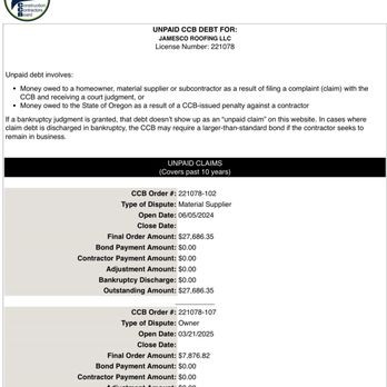 JamesCo Roofing - CCB Public record of unpaid CCB Debt for JamesCo Roofing LLC LICENSE NUMBER: 221078 (judgment from a building supplier.) - Roofing Near Me - Coquille, Oregon